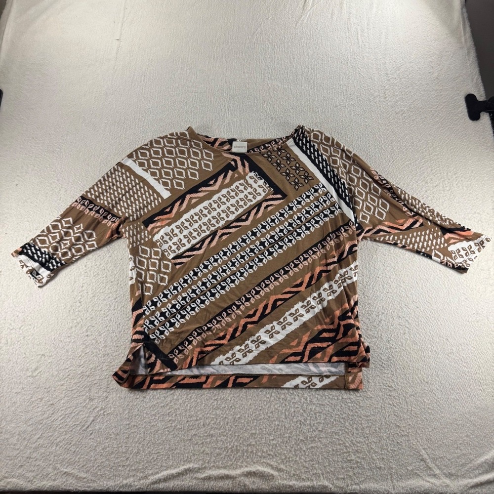 Chico's Knit Top Womens Size 1 Brown Geometric 3/4 Sleeve‎ Good Tribal Print